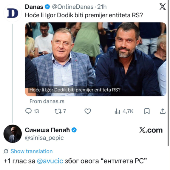 Nižu se reakcije na tekst "Danasa"; "Plus jedan glas za Vučića zbog ovoga 'eniteta RS'" FOTO