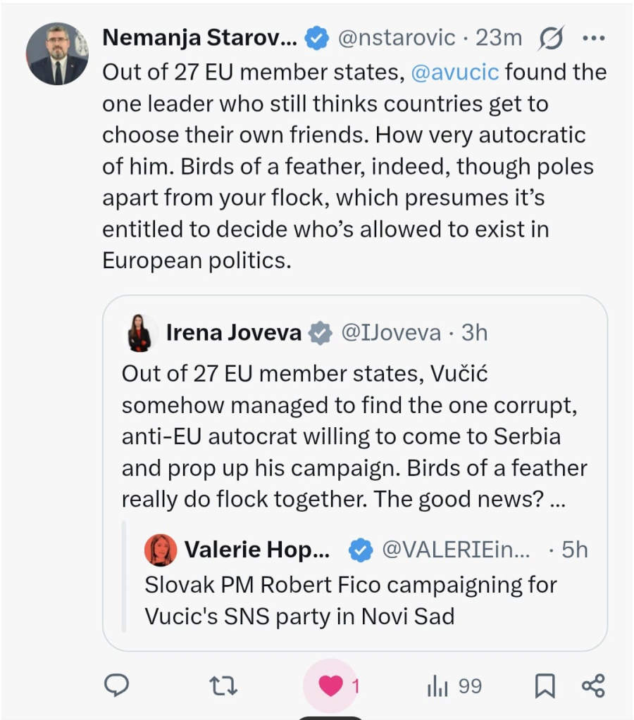 Joveva, koja podržava blokadere, udarila na Vučića i Fica; Starović joj žestoko odgovorio