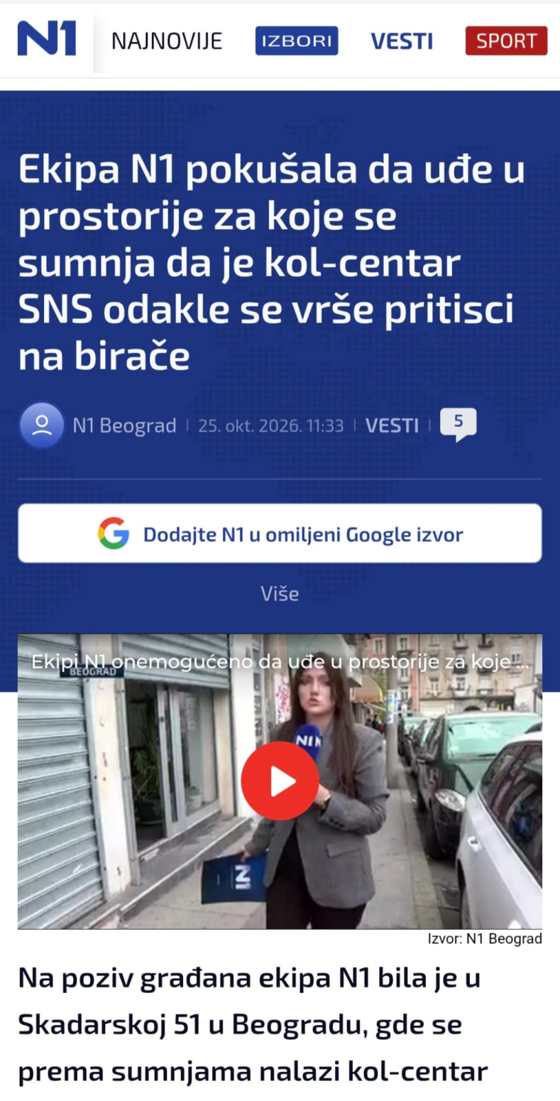 N1 sabotira listu Aleksandar Vućić - Ujedinjena Srbija; Ponovo upadaju u kol centre koje imaju sve stranke
