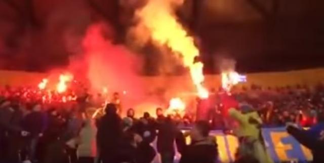 Ukrainian national team supporters set Serbian flag on fire