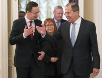 Peter Szijjarto and Sergei Lavrov in Moscow on Monday (Tajnug/AP)