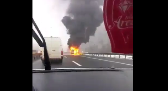 The ambulance on fire on the Belgrade-Zagreb highway (screen capture)