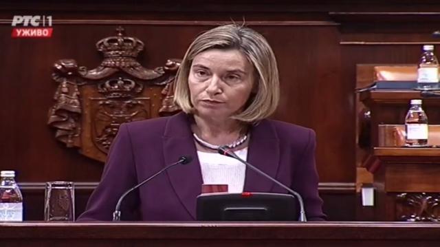 "Protest performance" as EU's Mogherini addresses Assembly