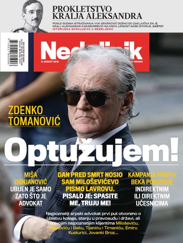The front page of Nedeljnik, featuring Tomanovic's photograph and the headline, 'I accuse!' 