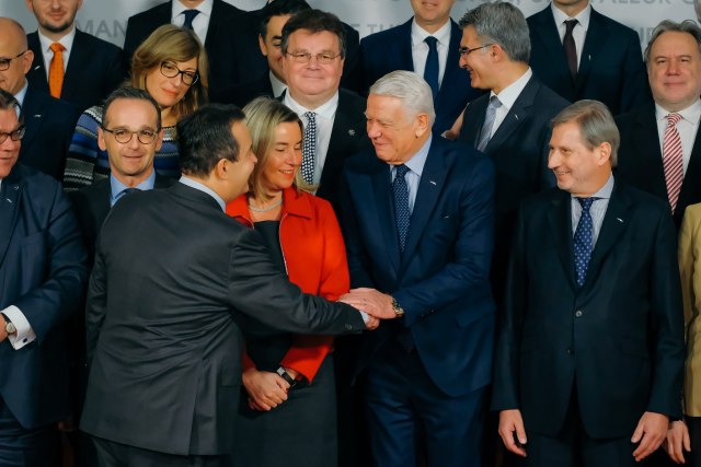 Dacic (L) is seen with EU officials during the gathering in Bucharest (Tanjug)