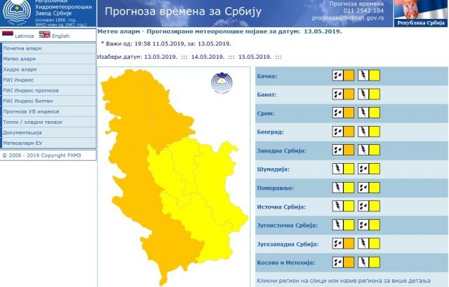 The more heavily affected areas of Serbia are shown in orange (screen capture, RHMZ)